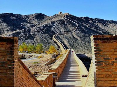 Overhanging Great Wall of Jiayuguan Pass in Gansu